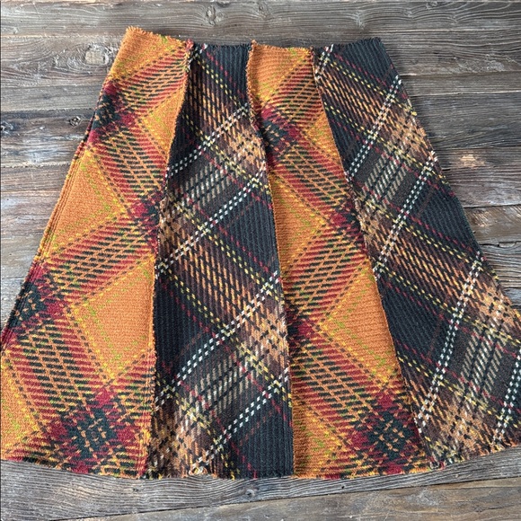 Anne Klein patchwork Plaid A-Line Skirt Orange Black tartan plaid wool size 12 - Picture 5 of 7